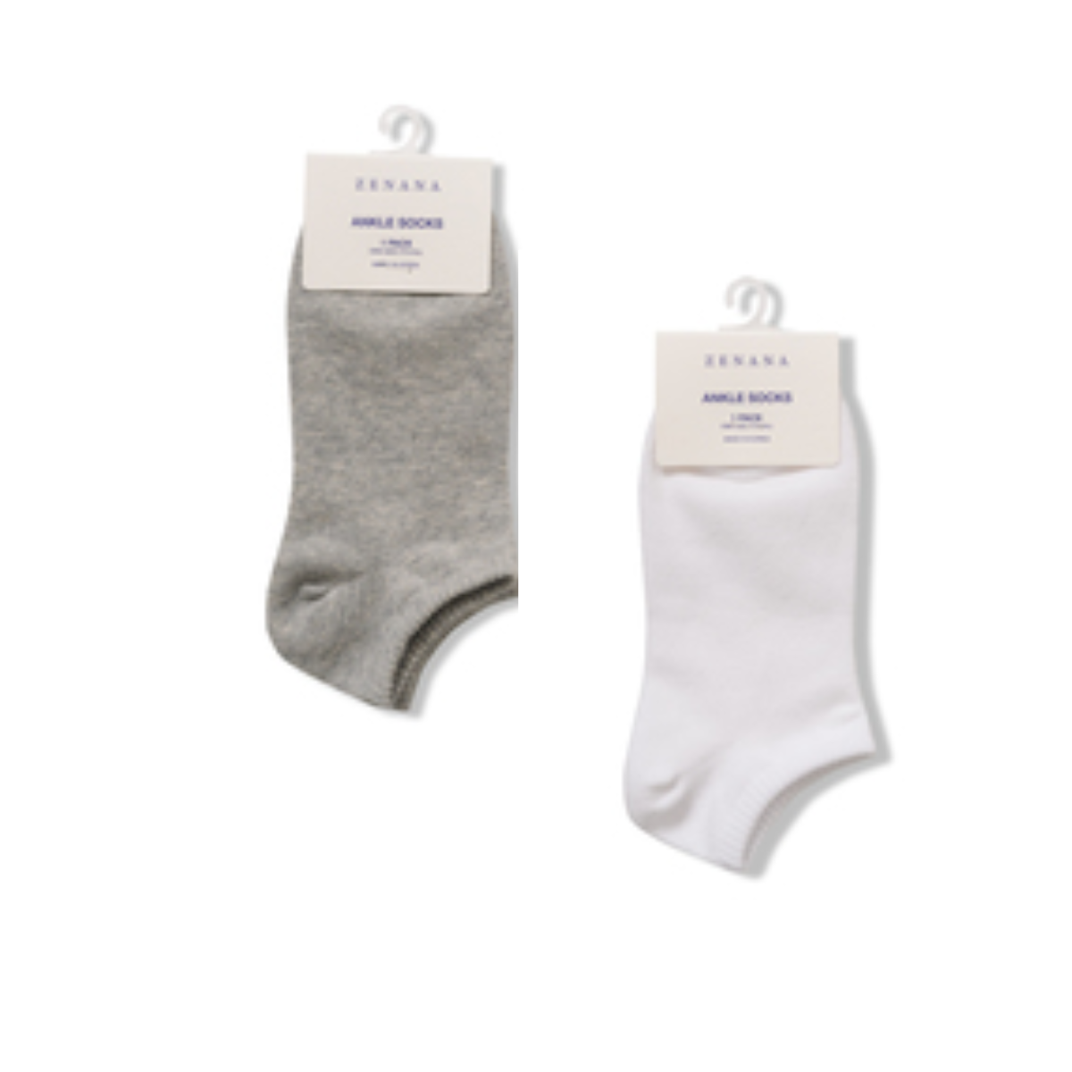 Two pairs of Zenana Low Cut Socks, featuring labels and crafted from a comfortable blend of cotton and spandex. One pair is gray, and the other is white. Both are hanging from hooks. Main image