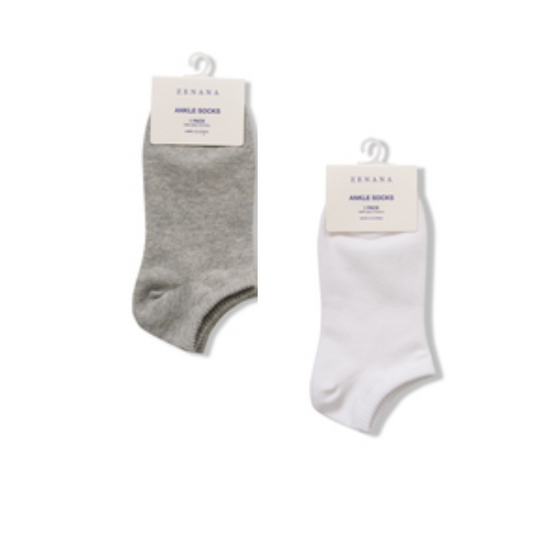 Two pairs of Zenana Low Cut Socks, featuring labels and crafted from a comfortable blend of cotton and spandex. One pair is gray, and the other is white. Both are hanging from hooks.