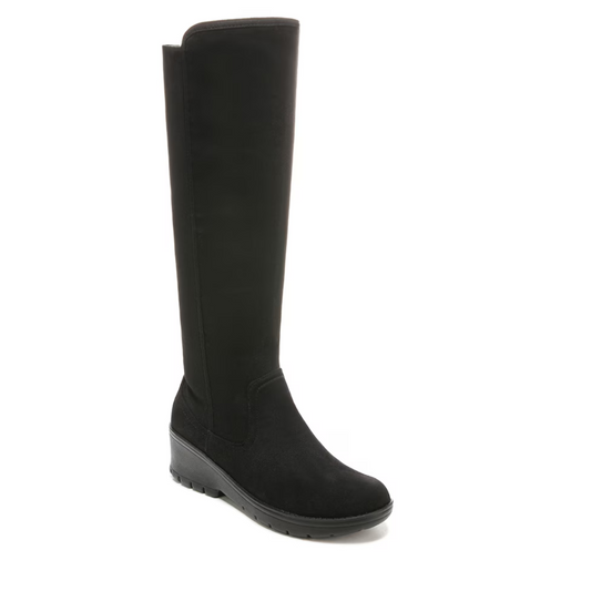 A single ultra-lightweight Brandy Microfiber Tall Boot in Black by BZEES from CALERES INC, featuring a knee-high design, wedge heel, and Free-Foam Footbeds, set against a white background.