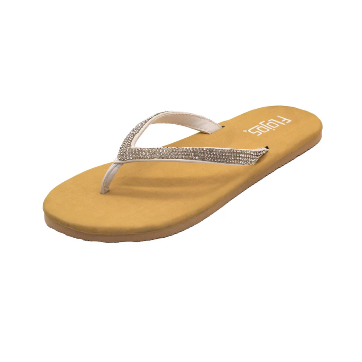 A single FLOJOS SPARK WHITE flip-flop sandal by FLOJOS, featuring a thin, rhinestone-encrusted strap.