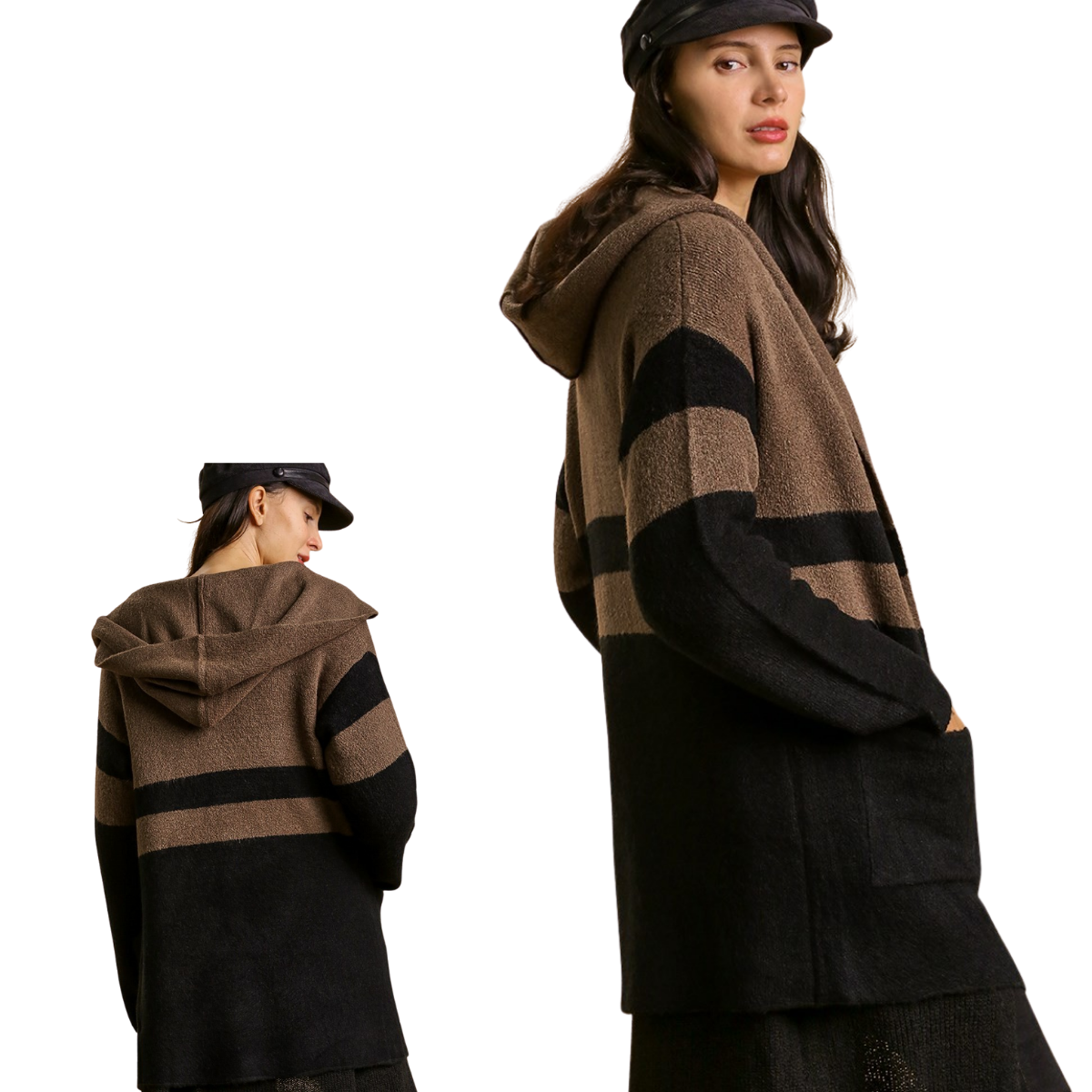 A woman in an Umgee Color Block Cardigan Sweater with hoodie and side pockets, featuring black and brown stripes, and a black cap, is shown from the back and side against a white background.