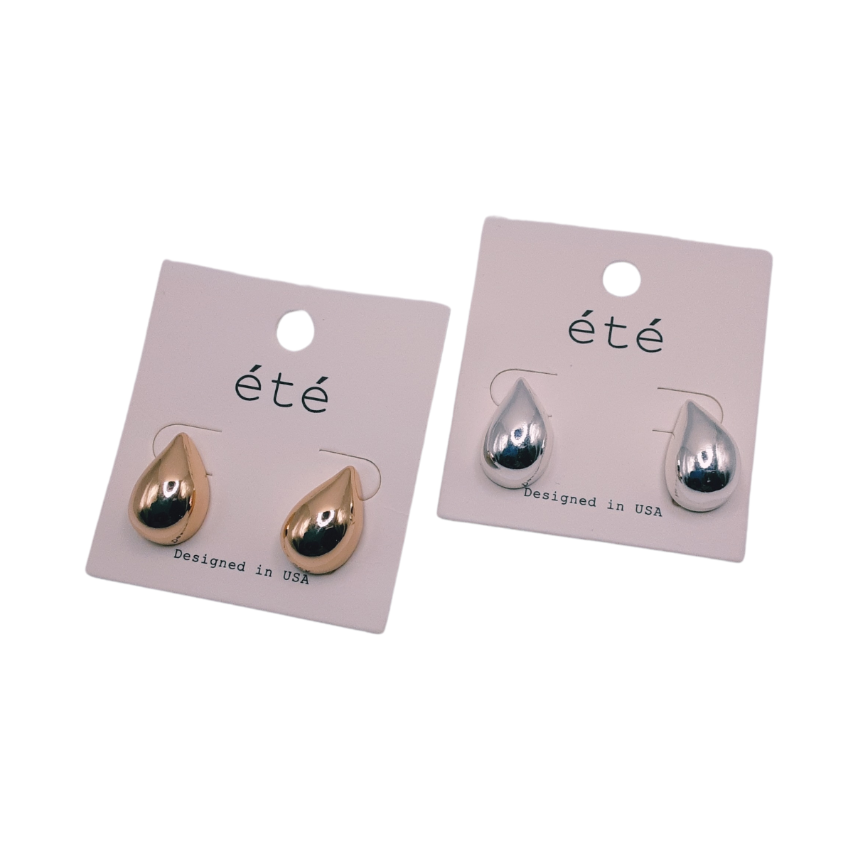 Gold and silver Teardrop Stud Earrings on white cards labeled "SPECIAL EFFECTS," designed in the USA. Main image