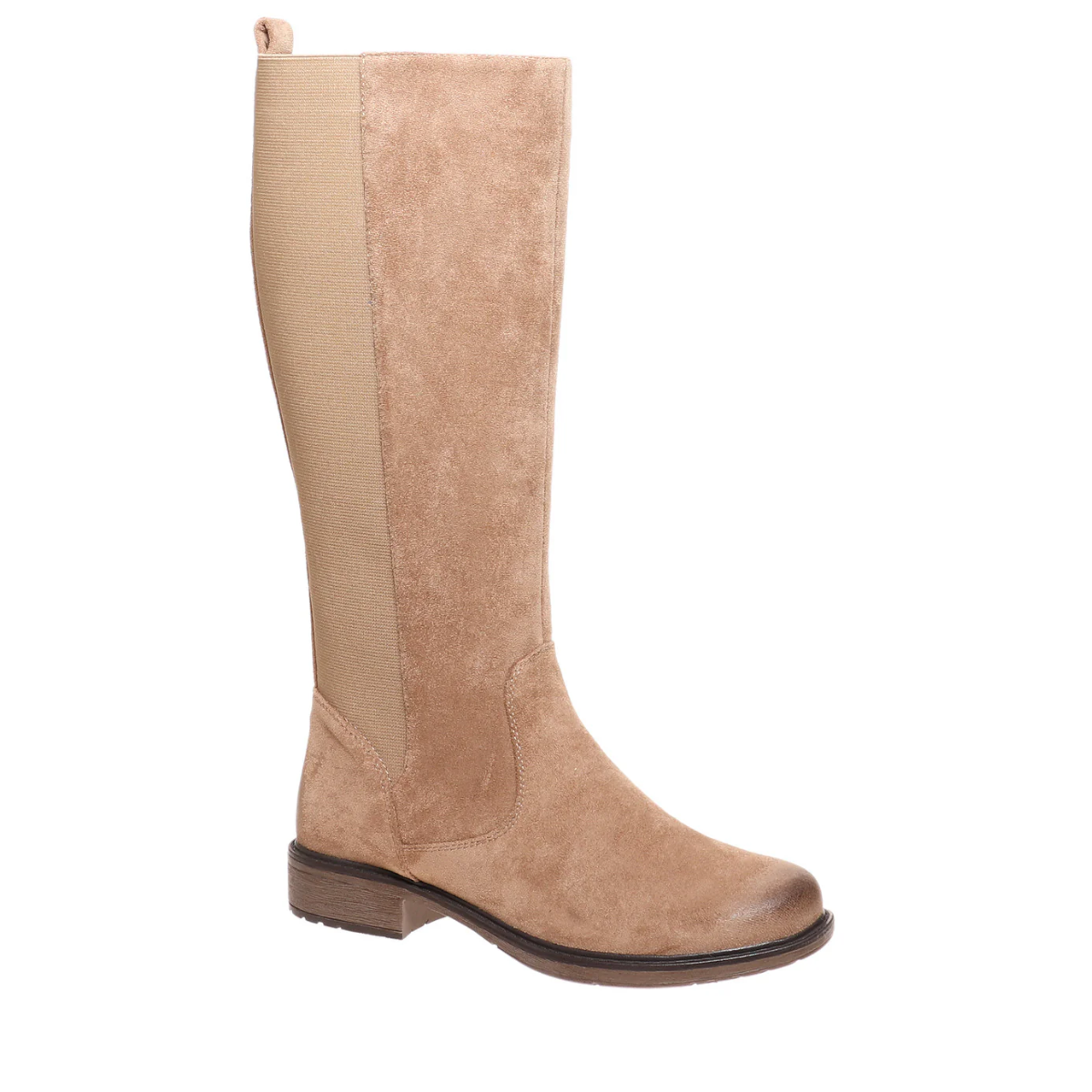 The Barcelona 27 Tall Boot in Taupe Micro Suede by Olem features a taupe micro suede upper with a flat sole and an elastic side panel, providing both style and comfort.