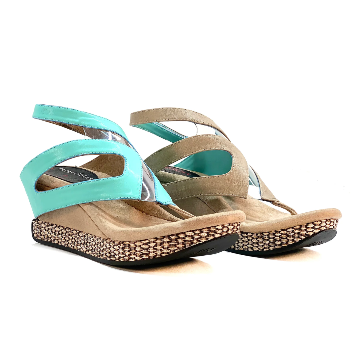 The Zoey #3 Reversible Wedge Aqua to Tan by MODZORI features stylish mid-wedge sandals with turquoise and beige straps, woven platform soles, and an adjustable strap. Main image