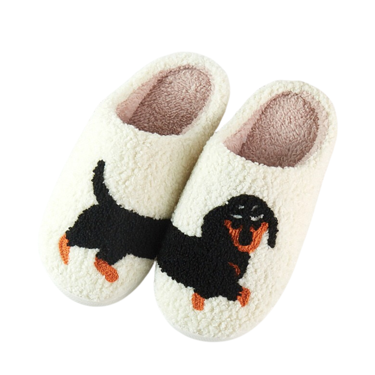 Charming Dachshund Slippers from FASHION GO, showcasing a delightful black and orange dog design on the front, these white slippers are ideal for dog enthusiasts.