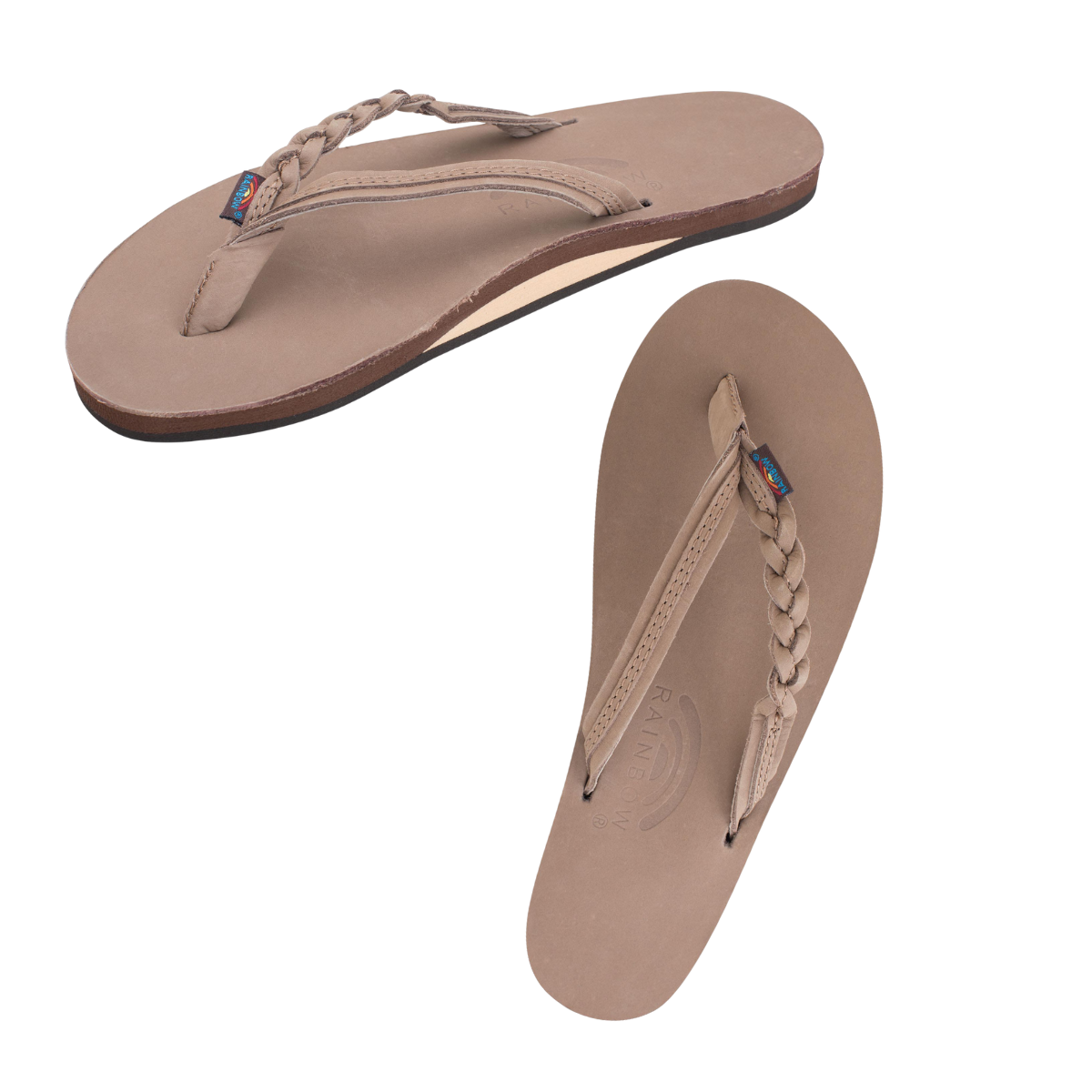 The Flirty Braidy Single Layer Flip Flop by RAINBOW SANDALS features beige leather, braided straps, and a flat sole, shown from side and top views on a white background.