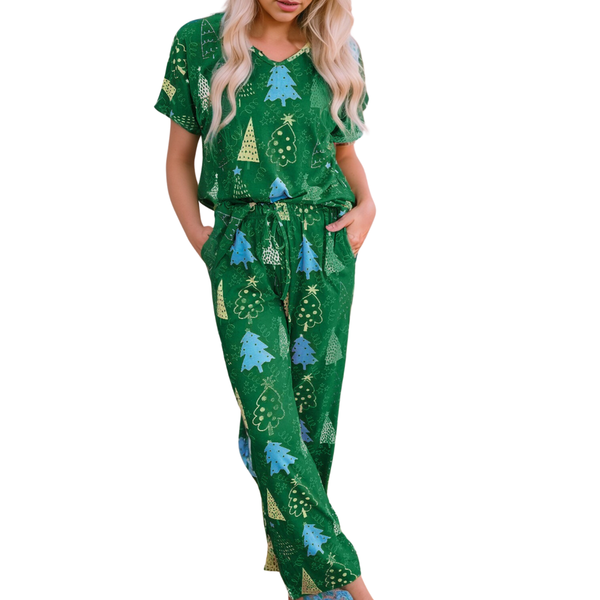 A person is dressed in the Shewin Christmas Tree Print Lounge Pjs Set in Green, which showcases a festive design with blue and yellow Christmas tree patterns. The set includes an elastic waistband for added comfort, making it ideal for cozy nights at home.