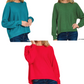 Three women model Zenana's Viscose Front Seam Round Neck Sweater in teal, green, and red—shown from shoulder to hip with blue jeans against a white background.