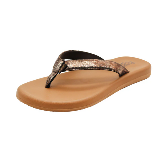 A Campbell flip-flop in Bronze Metallic by Flojos featuring a cushioned tan sole with a MEMEX memory foam footbed and metallic straps.