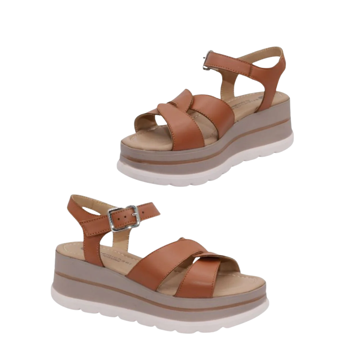 The Laurevan Shoe Corp Kinsley Leather Platform Sandal in Tan features crisscross straps, ankle buckle closures, and thick white soles for style and durability, shown on a white background.