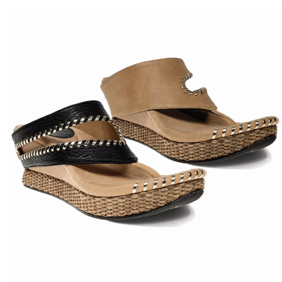 A pair of  Tita Reversible Wedge in Beige and Black by Modzori featuring tan leather uppers, black braided straps, and woven mid-wedge soles from MODZORI.