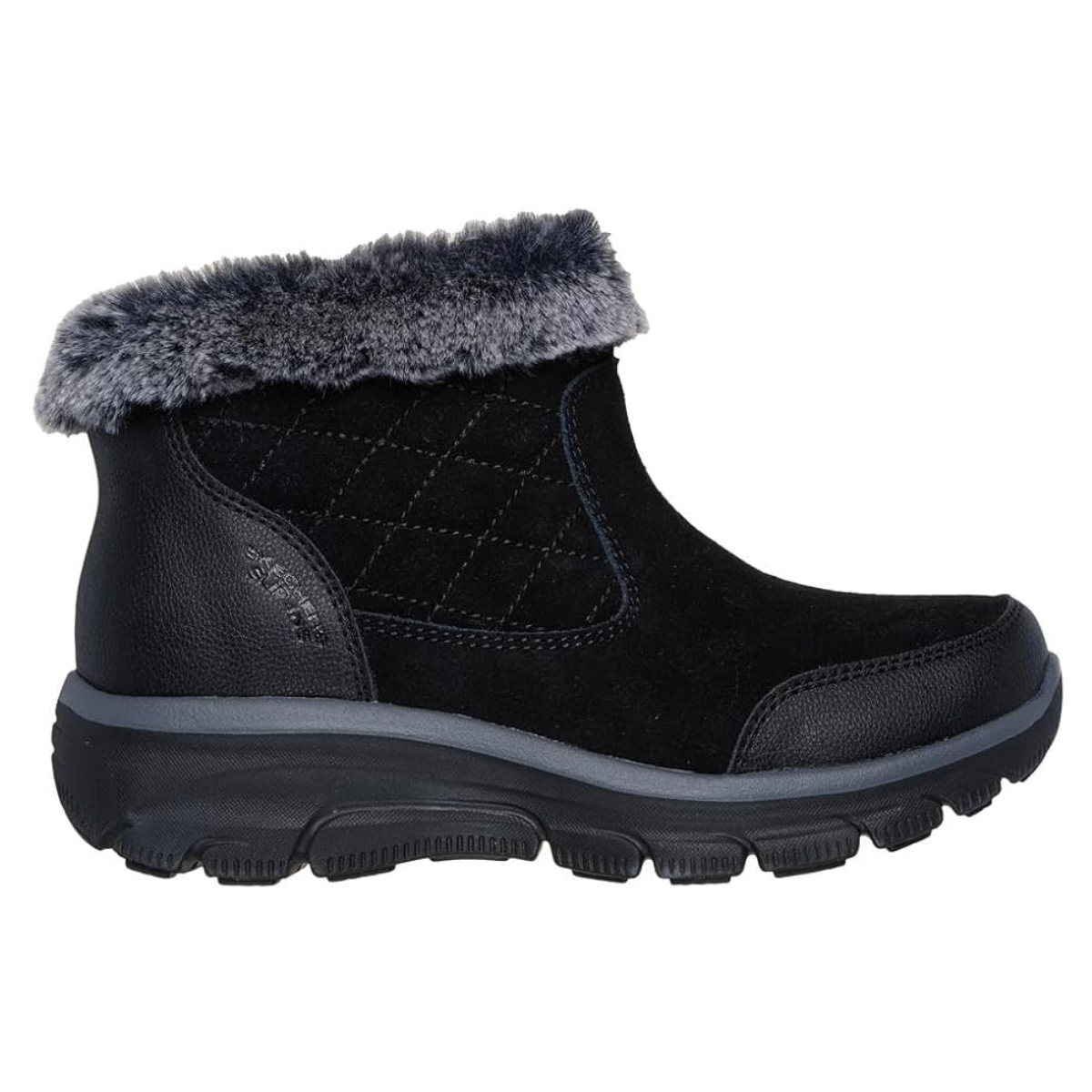 The Small Towns Bootie by SKECHERS features a black ankle design with quilted texture, gray faux fur trim, and a thick rubber sole. It includes Skechers Slip-ins for easy wear.