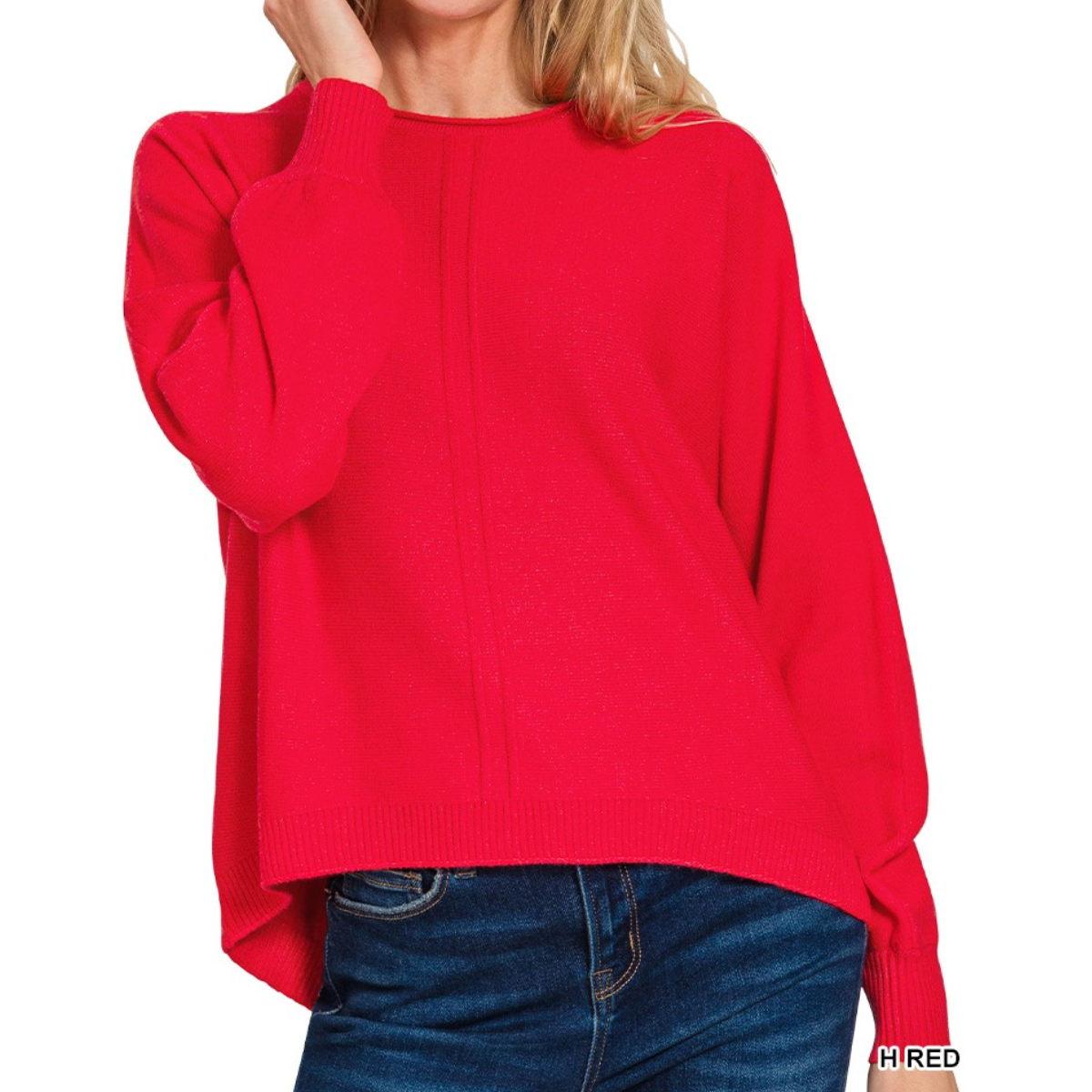 A woman wears the Zenana Viscose Front Seam Round Neck Sweater in bright red with blue jeans, standing against a plain white background.