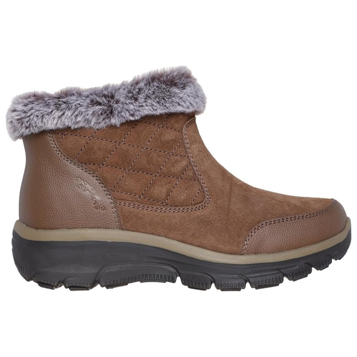 Introducing the Small Towns Bootie by SKECHERS USA INC: a brown ankle boot with faux fur trim, featuring a quilted side panel and a thick black sole equipped with air-cooled memory foam for enhanced comfort.