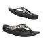 The OOFOS LLC Oofos Oolala Leopard Flip Flop features black, thick soles with an OOfoam footbed for arch support and leopard print-patterned straps, shown from side and angled top views on a white background.