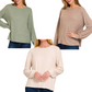 Three women wear Zenana Soft Melange Hacci Round Neck Long Sleeve Tees in green, brown, and beige with blue jeans, shown from shoulders to waist against a white background.