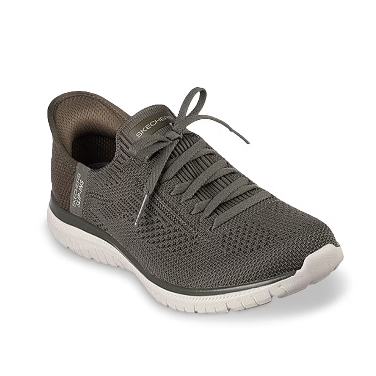 An olive Skechers Virtue Divinity Slip-Ins running shoe with a knitted mesh upper, elastic laces, a white rubber sole, and Air-Cooled Memory Foam.