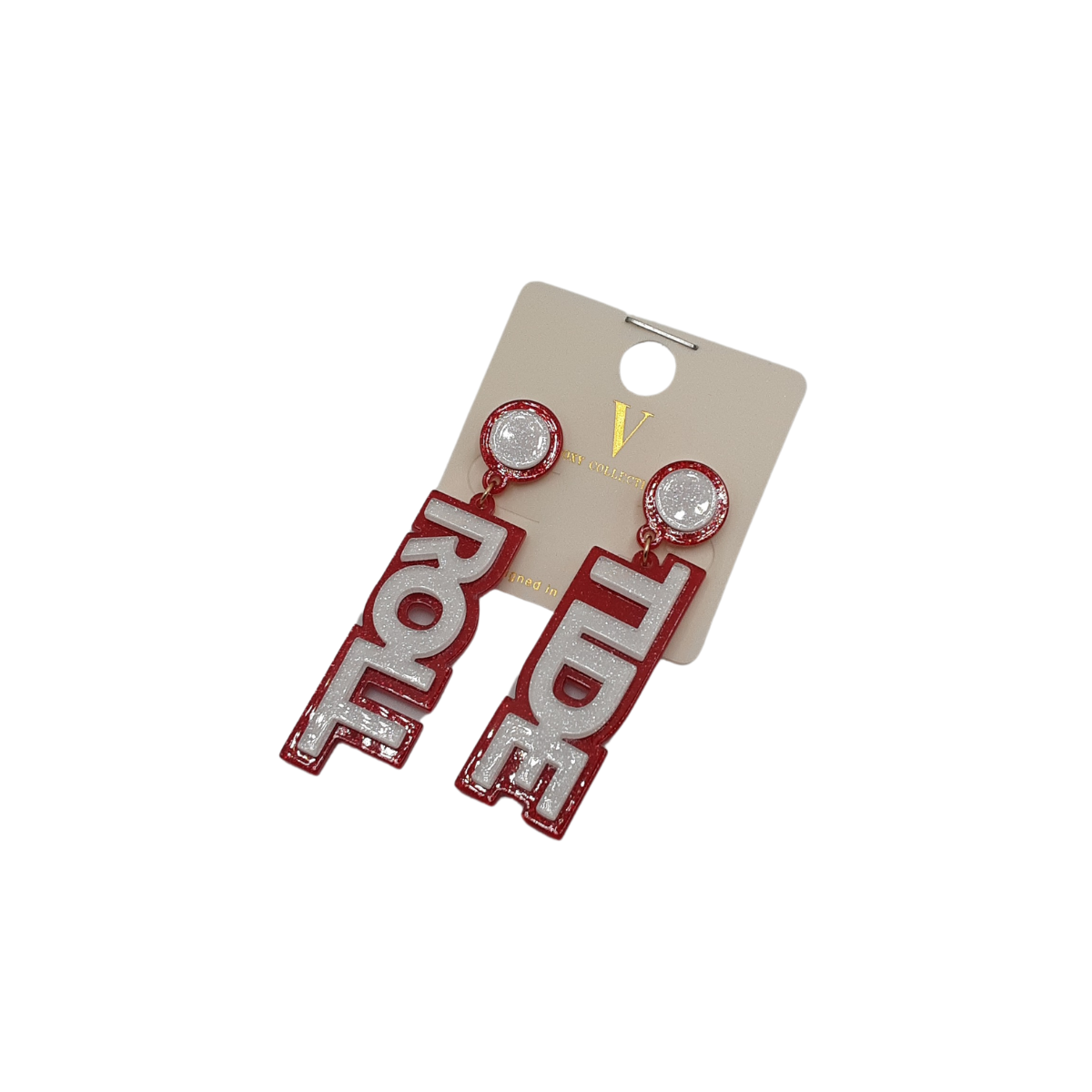 The Roll Tide Drop Earrings by SPECIAL EFFECTS feature a red and white design with "ROLL TIDE" text, presented on a beige card with a circular hole at the top.