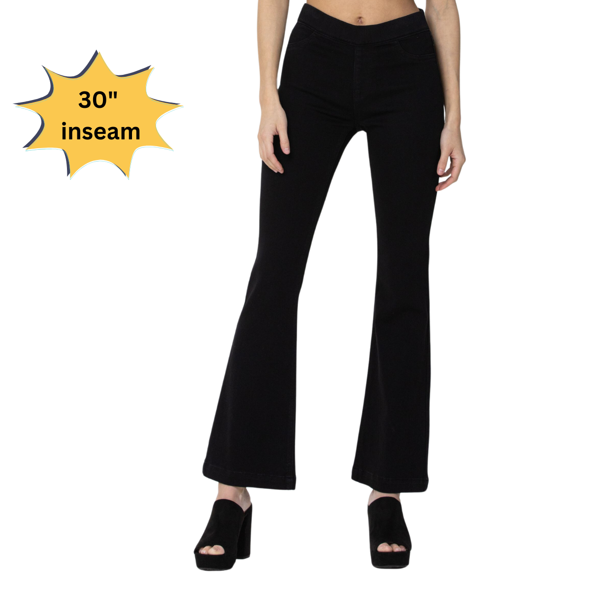 A person wearing CELLO Pull on Flare Leg Jeans in Black from Fashion Go paired with high platform shoes. A graphic highlights that these comfortable pants feature a 30-inch inseam, making them ideal for someone shorter in stature.