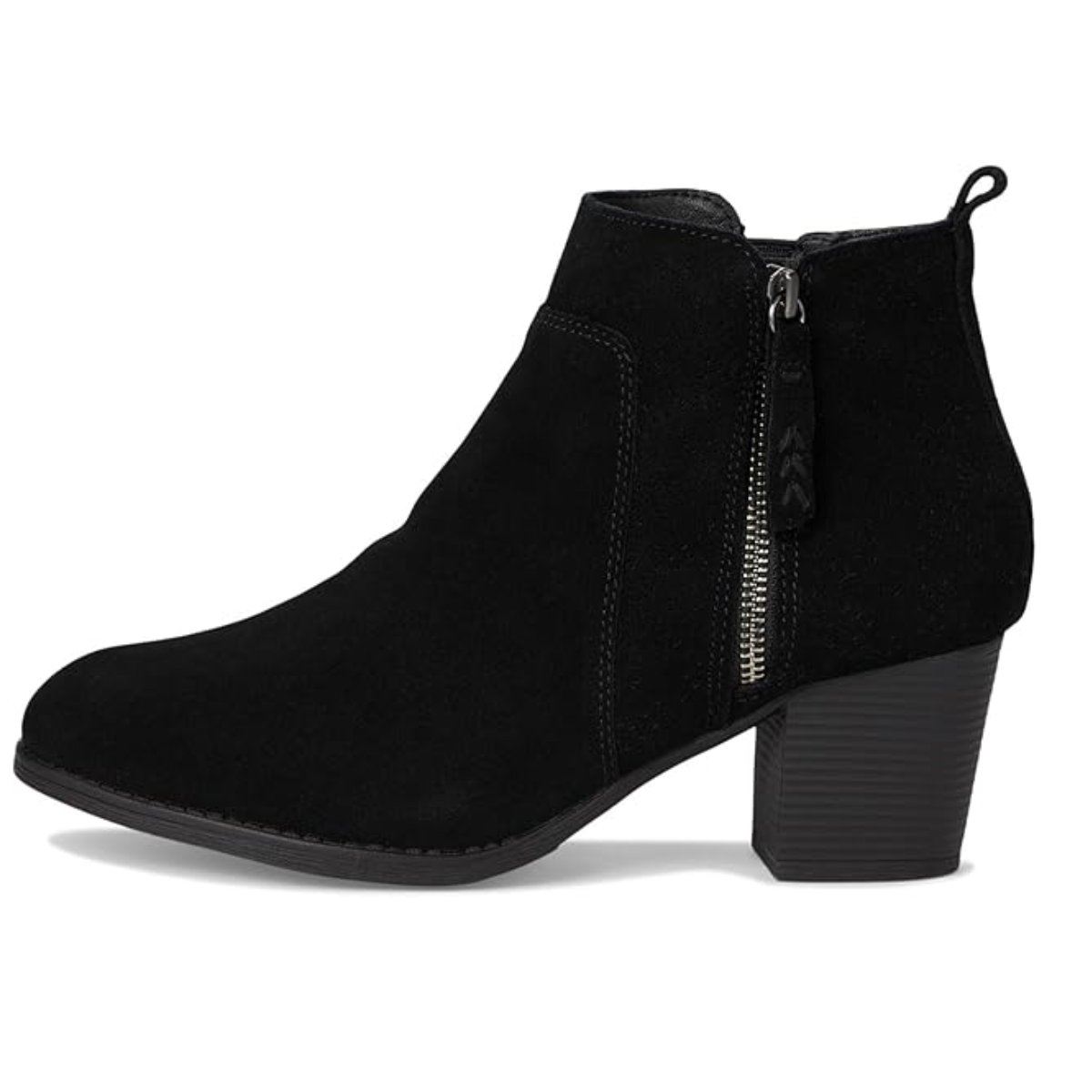 The Out in Town Bootie in Black by SKECHERS USA INC is a black suede ankle boot with a side zipper and block heel, showcased on a white background. It features Skechers' Memory Foam for ultimate comfort.