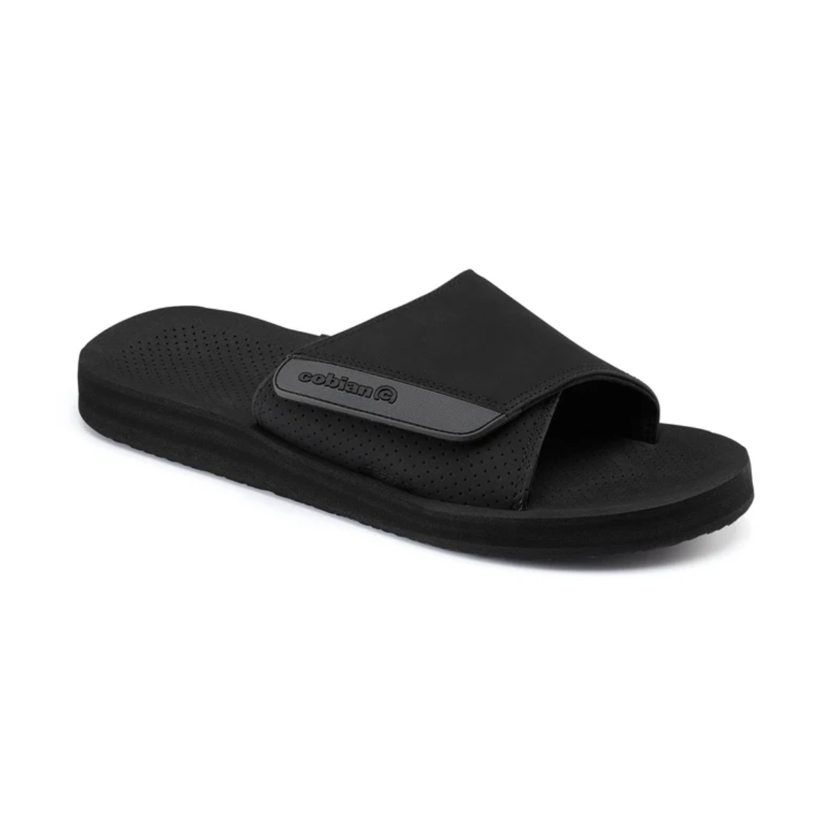 The COBIAN ARV 2 Mens Slide is a black sandal featuring an adjustable velcro strap, textured footbed, and enhanced arch support, displayed on a plain white background.