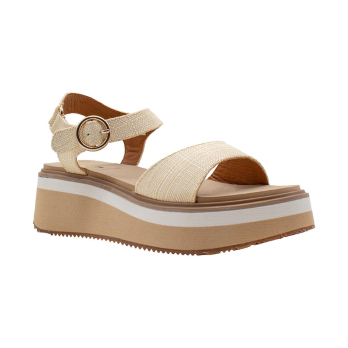 The Porcini Platform Sandal in Natural Raffia by Volatile - Rosenthal & Rosenthal features a thick cushioned sole, open toe, wide front strap, and an adjustable ankle strap with a round buckle.