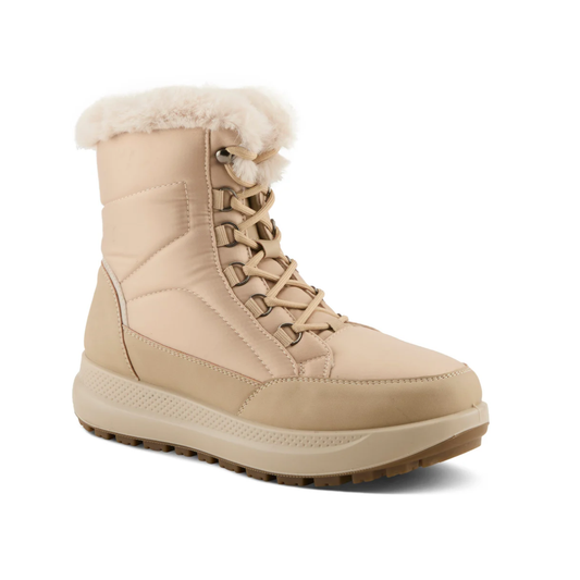 The Laroui Boot by Flexus from Spring Step is a beige women's winter hiker boot with faux fur lining, waterproof lace-up design, and textured rubber sole, shown on a white background.