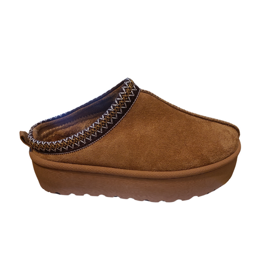 Introducing the UGG ALIKE SLIPPER by GND: a brown suede clog slipper with platform styling, complete with a thick sole and decorative stitching along the opening.