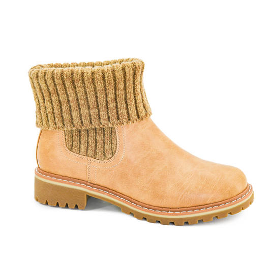 The Quiver Boot in Caramel by Corkys features a thick, ribbed knit cuff and rugged rubber sole, offering a comfortable boot style. Displayed on a white background.