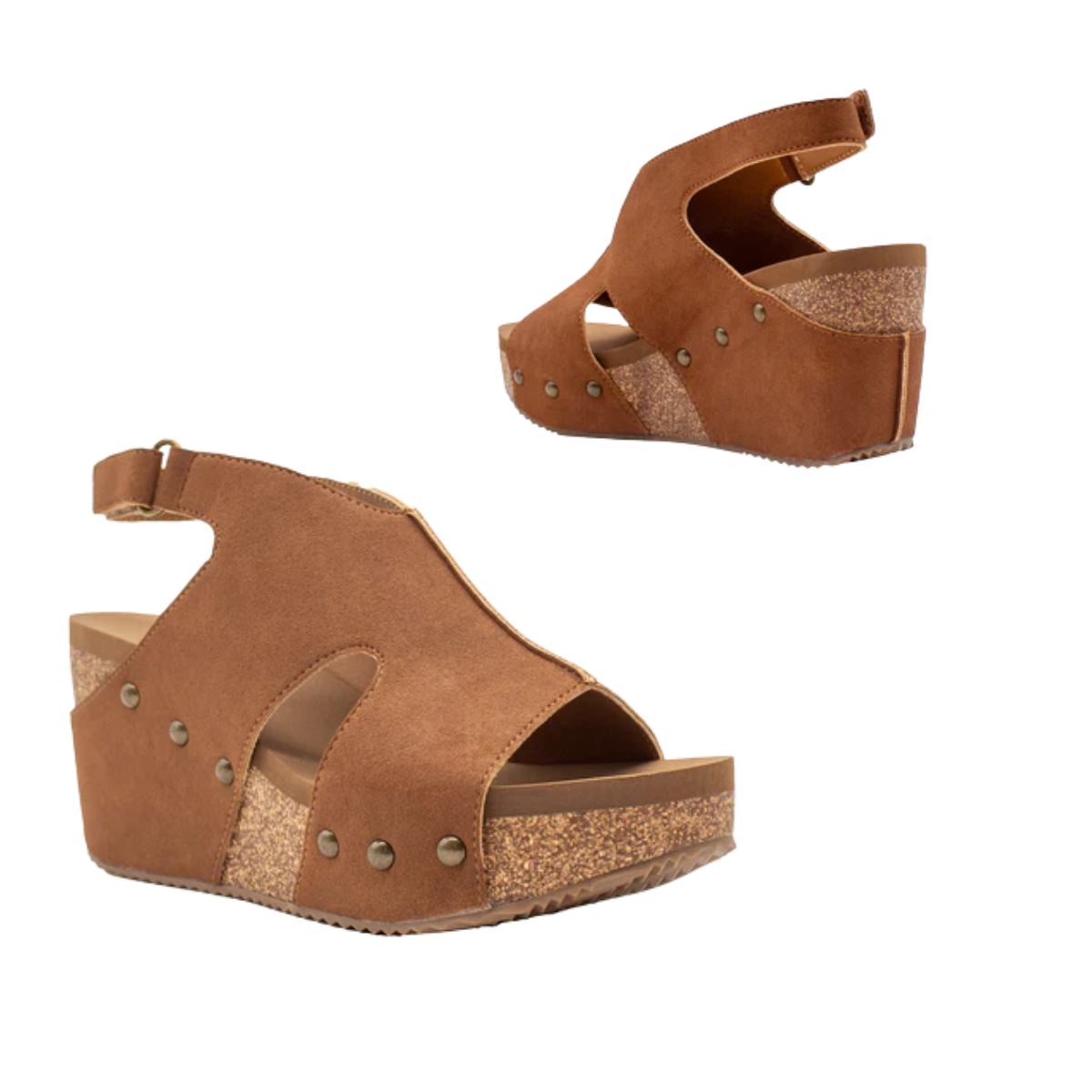 The Beecher Wedge in Cognac by Volatile - Rosenthal & Rosenthal features faux suede, cork wedge heels, open toes, ankle straps, and metal rivet accents, shown from side and rear angles on a white background.