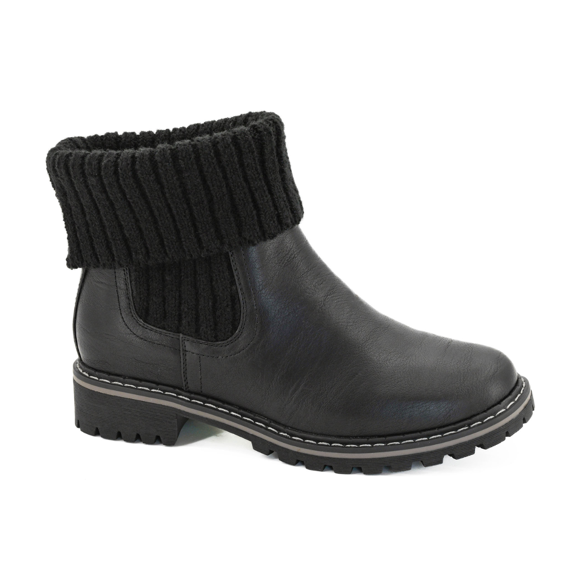 The Quiver Boot in Black by Corky's features a ribbed knit cuff, low heel, and rugged sole, shown in a side view on a white background.