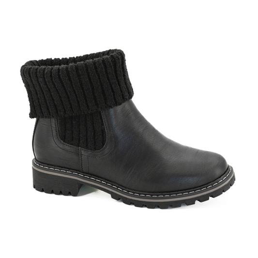 The Quiver Boot in Black by Corky's features a ribbed knit cuff, low heel, and rugged sole, shown in a side view on a white background.