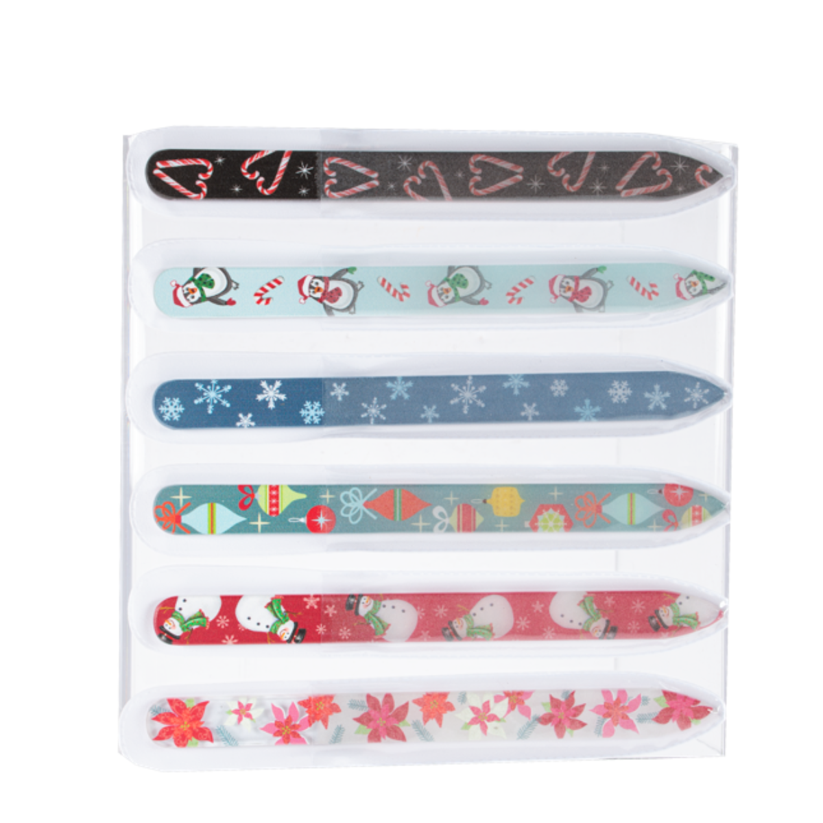 The Holiday Glass Nail File set by Ganz Inc includes six files, each adorned with festive designs such as hearts, penguins, snowflakes, gifts, snowmen, and red flowers, all neatly arranged in a clear plastic holder. Main image