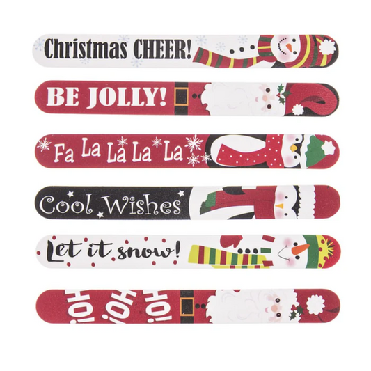 The Holiday Nail Files Assorted by Ganz, produced by Ganz Inc, offer five festive nail files featuring cheerful designs and text such as "Christmas CHEER!", "BE JOLLY!", "Fa La La La La", "Cool Wishes", and "let it snow!"—perfect for all your manicuring needs.