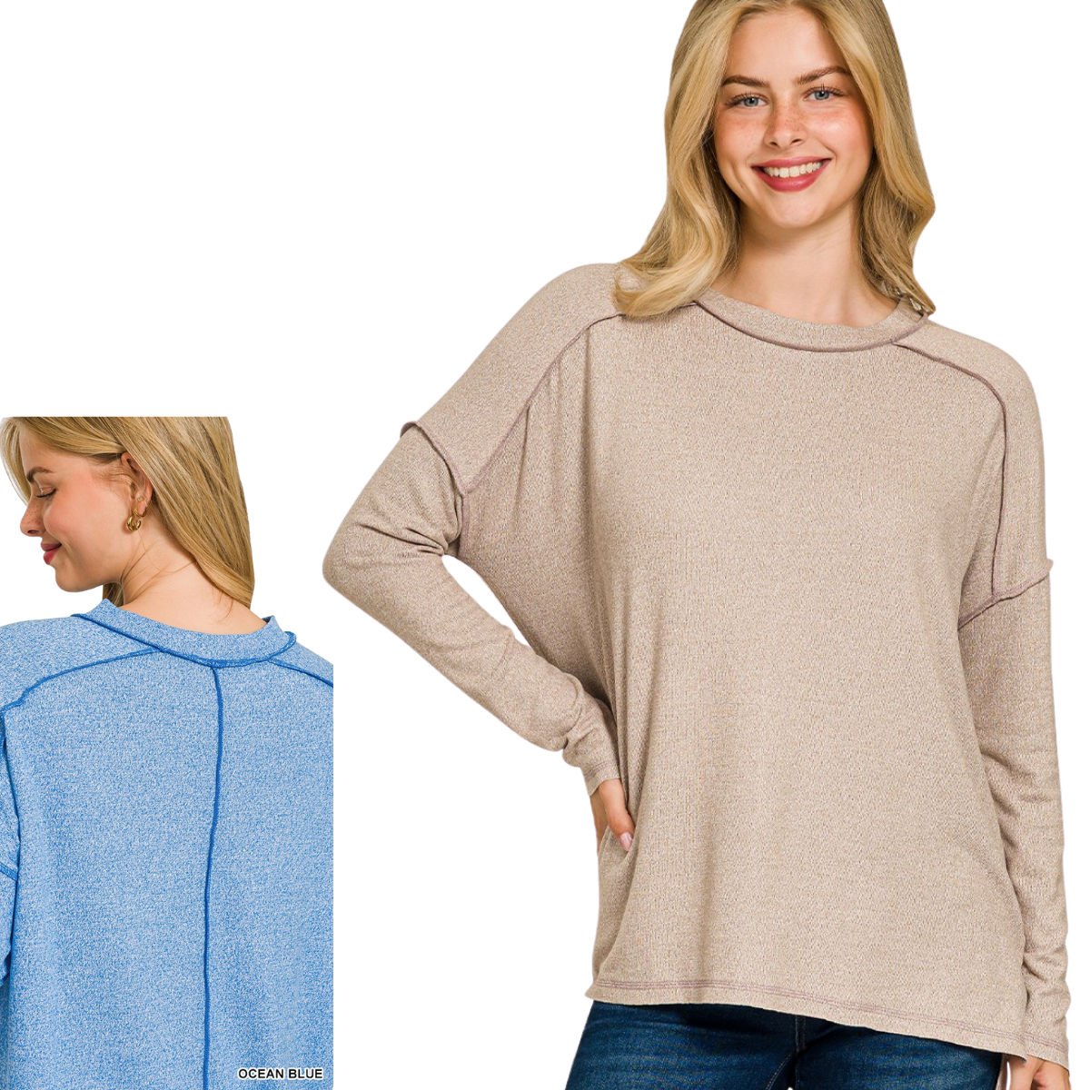 A woman smiles in a Zenana Soft Melange Hacci Exposed Seam Hi-low Tee, featuring a relaxed fit and exposed seams in beige; an inset displays the trendy hi-low top's back view in light blue.