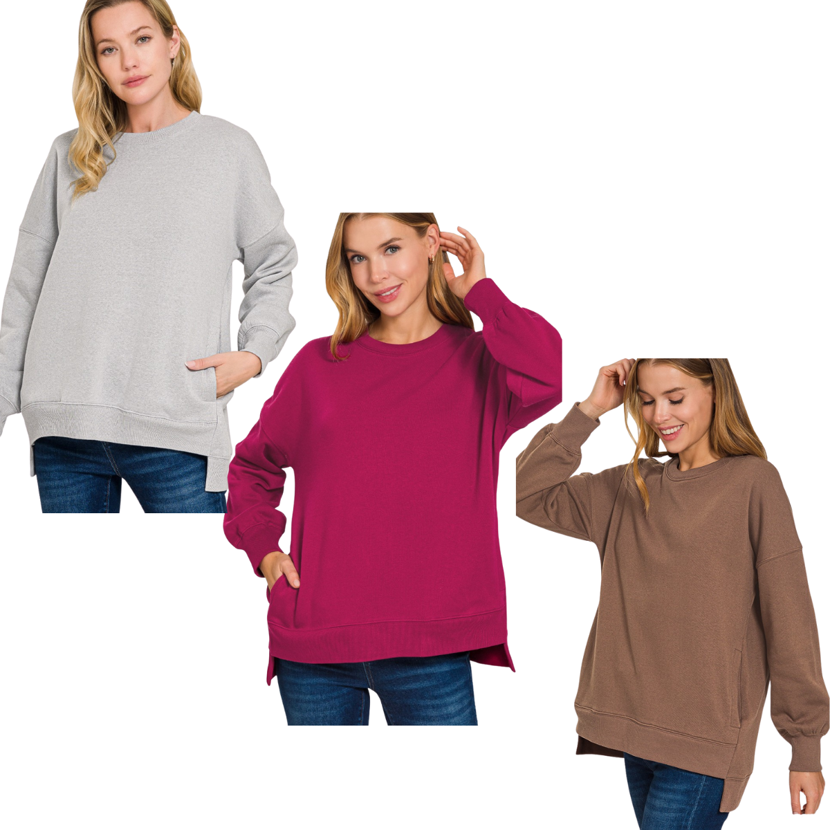 Three women model Zenana Fleece Hi-Low Hem sweatshirts in light gray, magenta, and brown, each styled with blue jeans for a vintage touch, set against a white background. Main image
