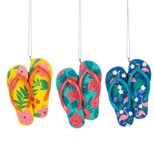 Three pairs of vibrant floral-patterned Flip Flop Resin Ornaments by Ganz, featuring silver loops for hanging, set against a white background.