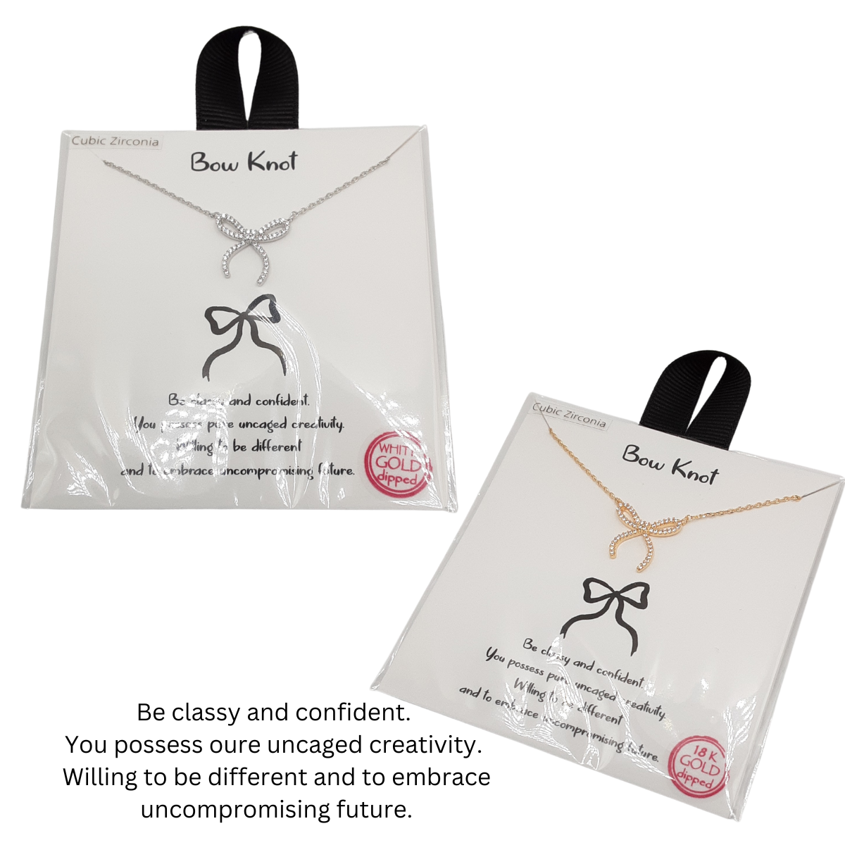 The 16 inch Dainty Rhinestone Bow Necklace set by SPECIAL EFFECTS includes two elegantly carded pieces in silver tone and gold tone, featuring inspirational messages about being classy, confident, and embracing creativity and the future. Each necklace is beautifully adorned with black ribbons at the top, adding a touch of refinement to this exquisite set.