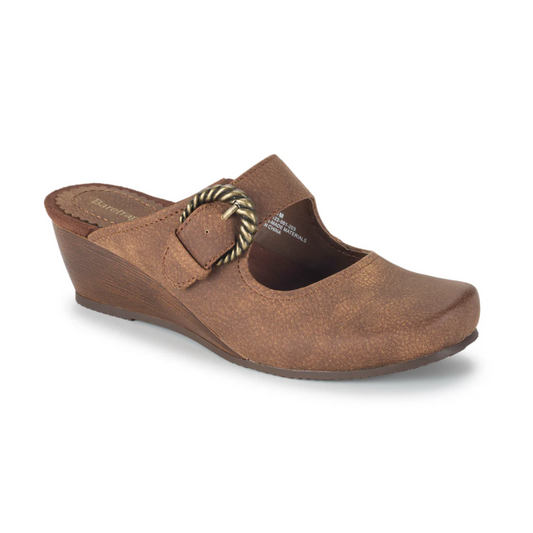 The Luna Mary Jane Wedge Clog in Cashew Brown by Baretraps is a brown slip-on casual wedge-heeled shoe with a decorative buckle, featuring a wood-textured surface and advanced comfort technology.