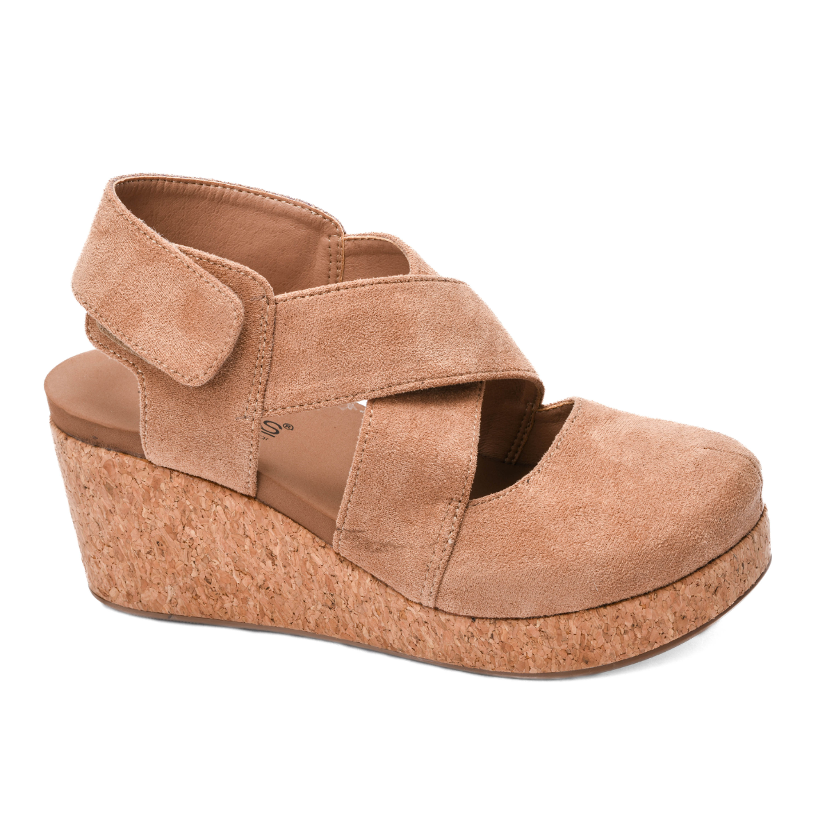 The Case Closed in Camel by Corky's, from CORKY'S FOOTWEAR INC, blends style and comfort effortlessly with its tan-colored wedge sandal design, featuring a cork platform and crisscross faux suede straps with a Velcro closure at the ankle.