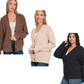 Three women model Zenana Cardigan Sweaters in brown, beige, and black—each a premium blend—styled with jeans and a white top, posed on a white background.