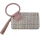 This stylish Tweed Cuff Handle Tassel Wristlet by FASHION GO features a plaid fabric design, complete with a braided strap and vibrant pink and multicolored shades.