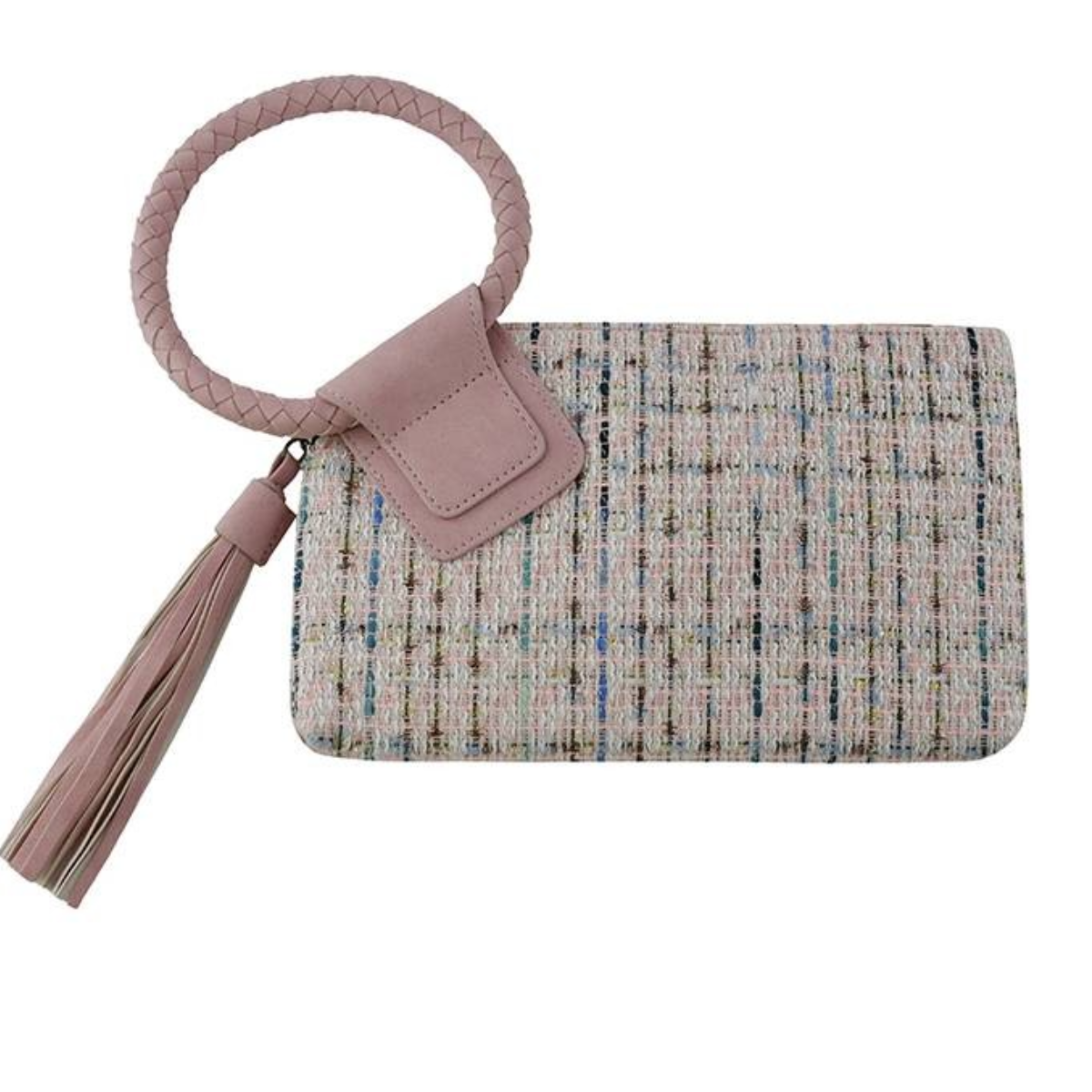 This stylish Tweed Cuff Handle Tassel Wristlet by FASHION GO features a plaid fabric design, complete with a braided strap and vibrant pink and multicolored shades.