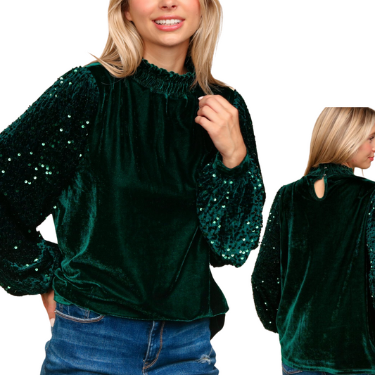 Velvet Top with Sequin Sleeves in Hunter Green