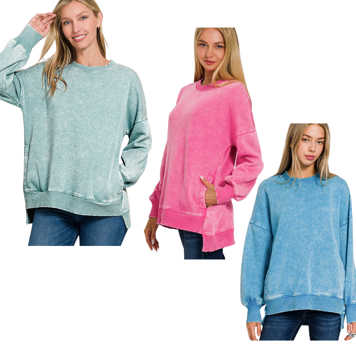 Three women wear FASHION GO Acid Washed Fleece Hi-Low Pullovers in pastel green, pink, and blue with jeans, standing against a white background.