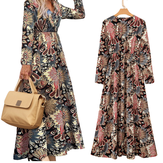 A pair of long-sleeve maxi dresses with vibrant paisley and floral patterns are available. One is the "Floral Print V Neck High Waist Maxi Dress" by FASHION GO, modeled by a woman holding a beige handbag. The other is a wrap-style dress displayed on a hanger.