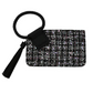 A Tweed Cuff Handle Tassel Wristlet in black and multicolored tweed, designed by FASHION GO, featuring a braided handle and tassel detail.