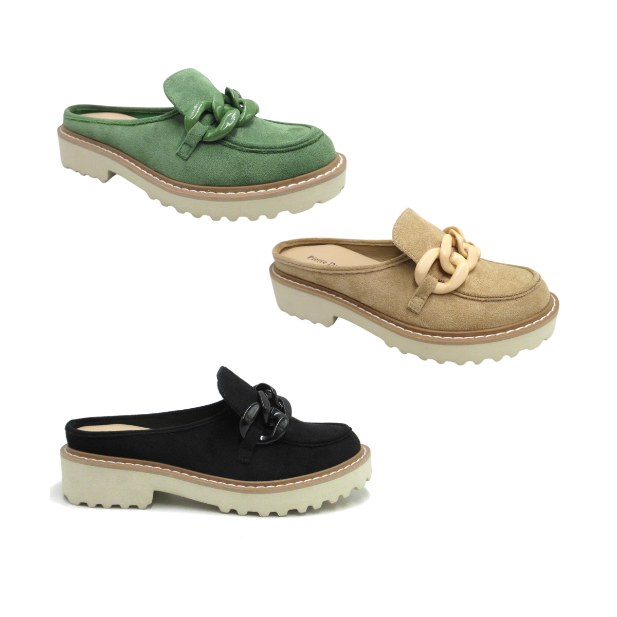 Three Mora-5 Suede Loafers by Pierre Dumas for women: one green with a matching chain detail, one beige with a coordinating chain, and one black with a black chain detail. Comfortable footbeds and white lug soles contrast beautifully with the shoe colors.