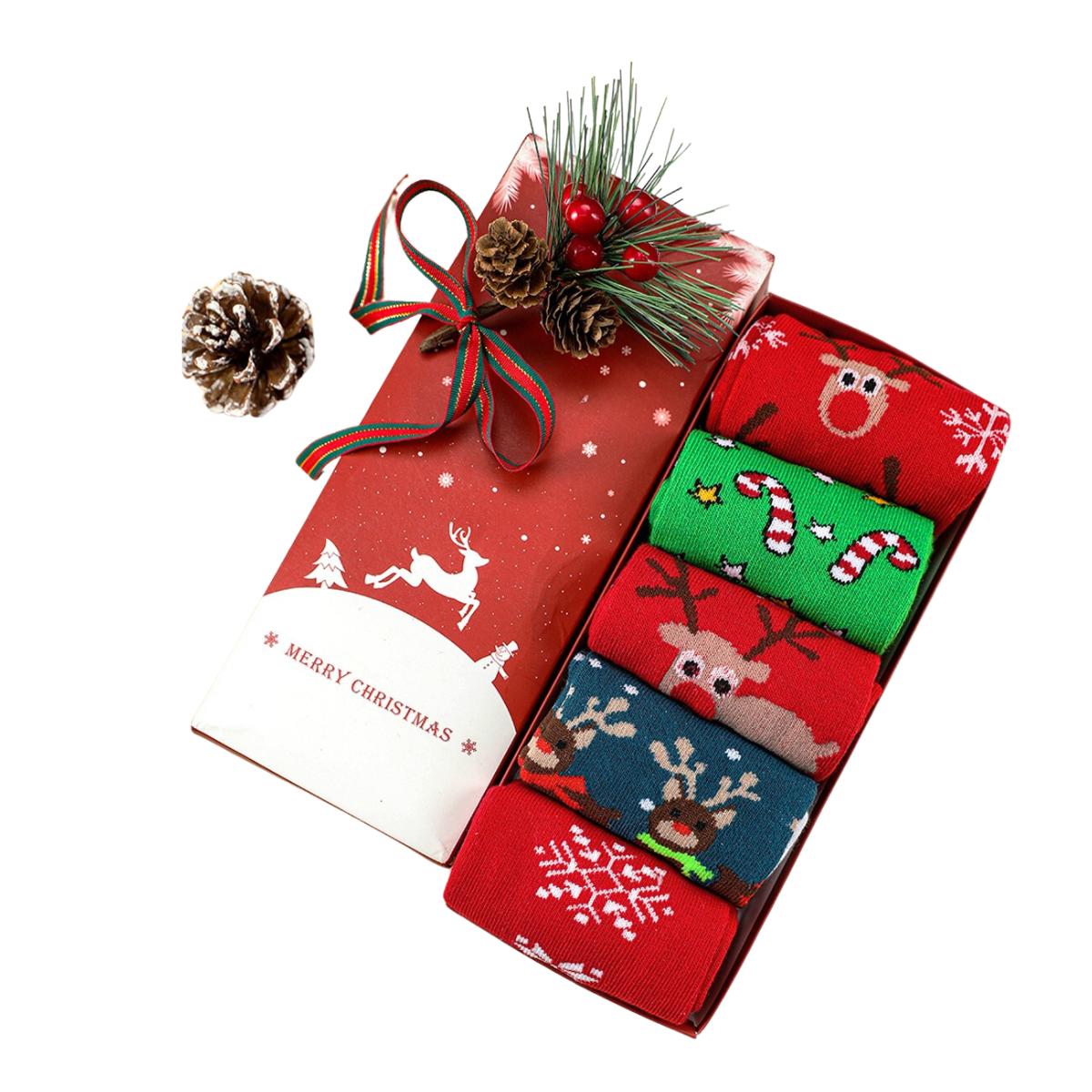 A gift box labeled "Merry Christmas" contains cozy wear, featuring the FASHION GO's 5 Pairs/Set Christmas Cartoon Soft Socks Set with holiday-themed patterns like reindeer and candy canes, alongside a pine cone decoration—making it the perfect gift for loved ones.