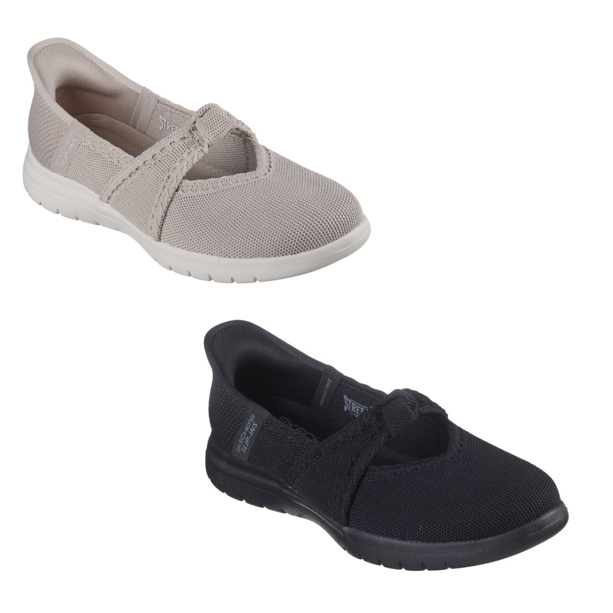 Two pairs of Audrey Slip-Ons by Skechers, one in light beige and the other in black, are displayed against a white background. These SKECHERS USA INC shoes feature a knit fabric upper and a sturdy sole.